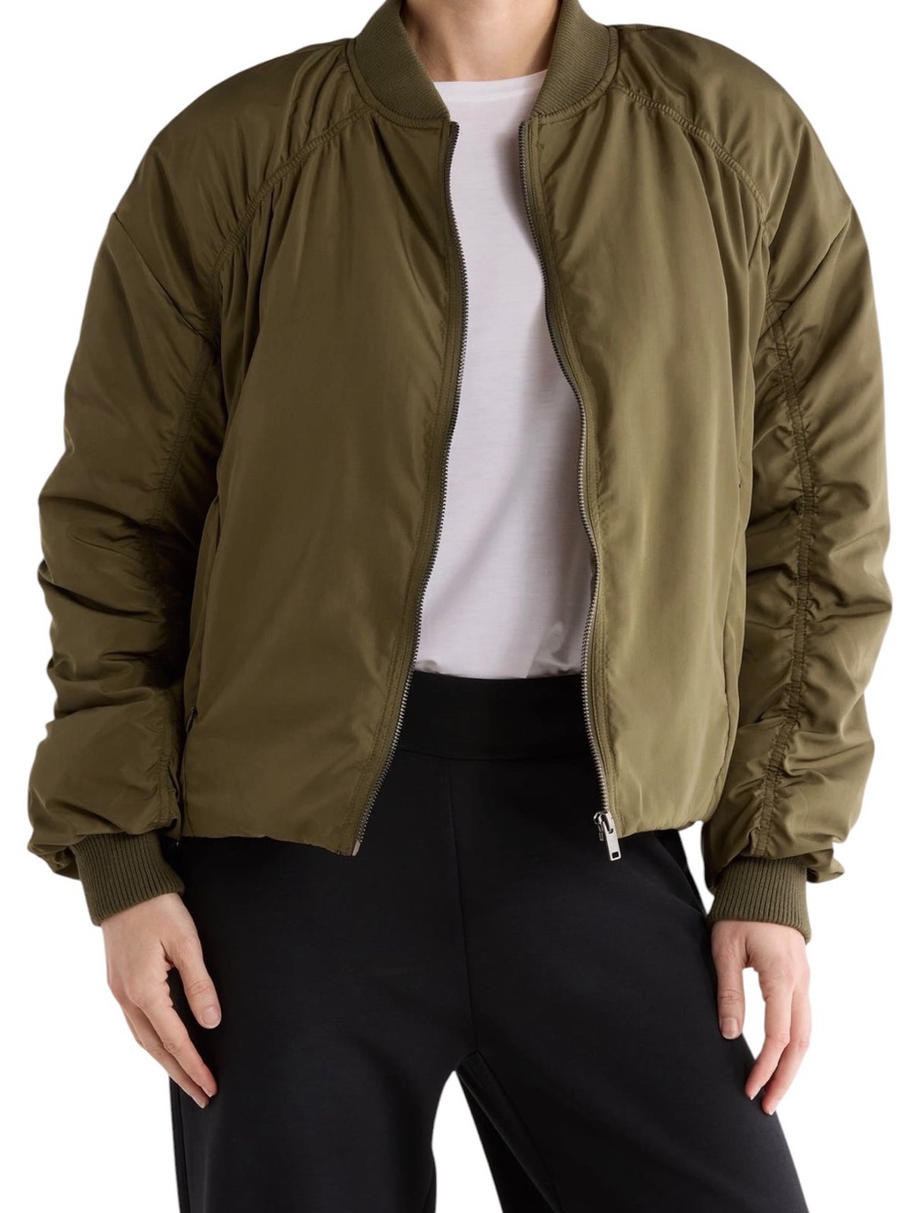 Z by Zella Ruched Sleeve Bomber Jacket Olive Green Size Medium NWT - Picture 7 of 11